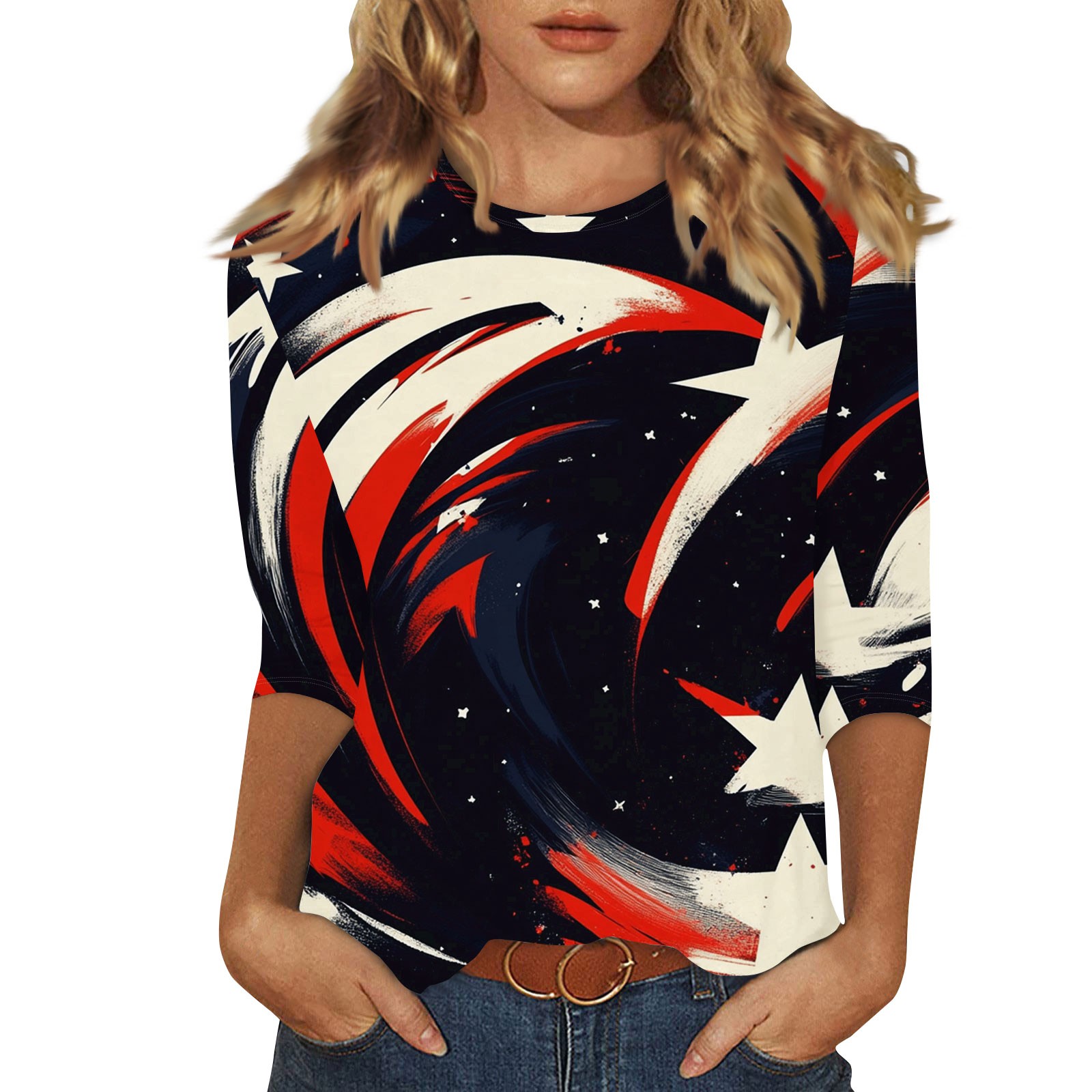 4th Of July Women's Shirts Red Blue and White Tie Dye 3/4 Sleeve Tees ...